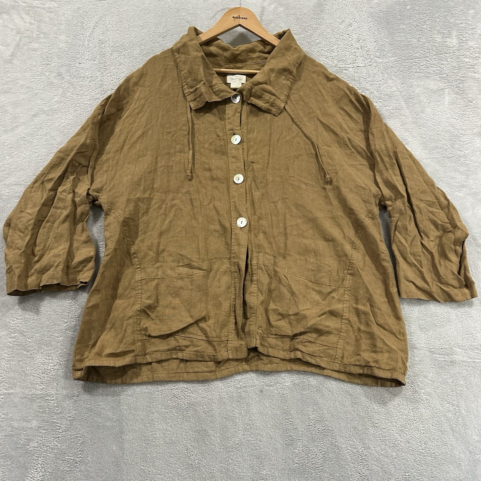 Mosaic USA Made Button Shirt Top Women’s L Loose Brown Linen Boho Earthy Lageloo