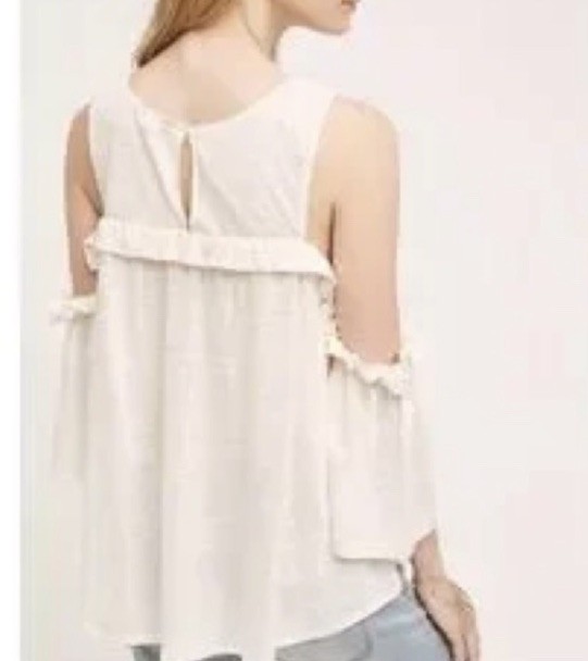 Meadow Rue Anthro White 100% Linen Cold Shoulder Ruffle Round Neck Blouse XXS