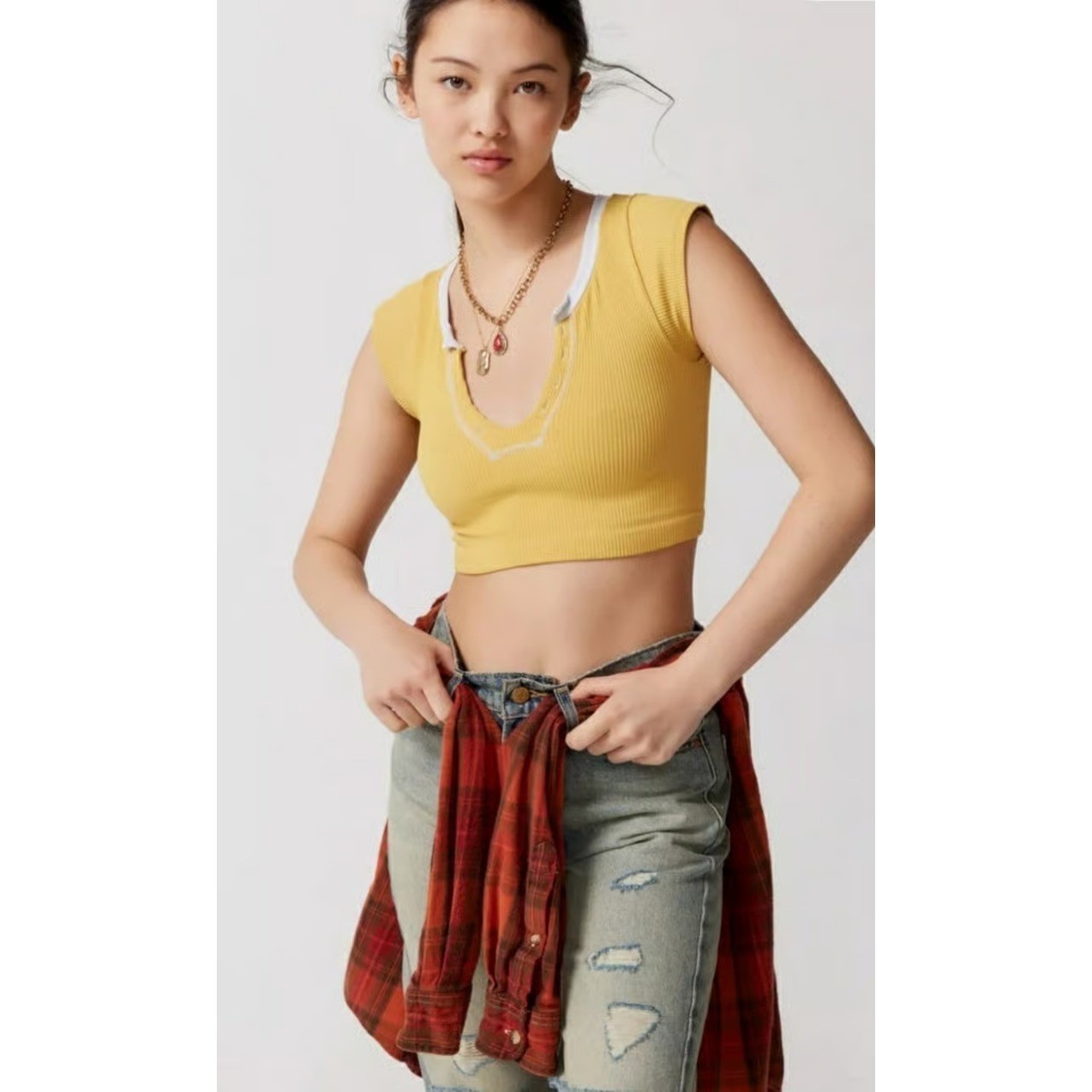 Out From Under Urban Outfitters Mustard Ribbed Crop Top XS/S Notch Neck Baby Tee