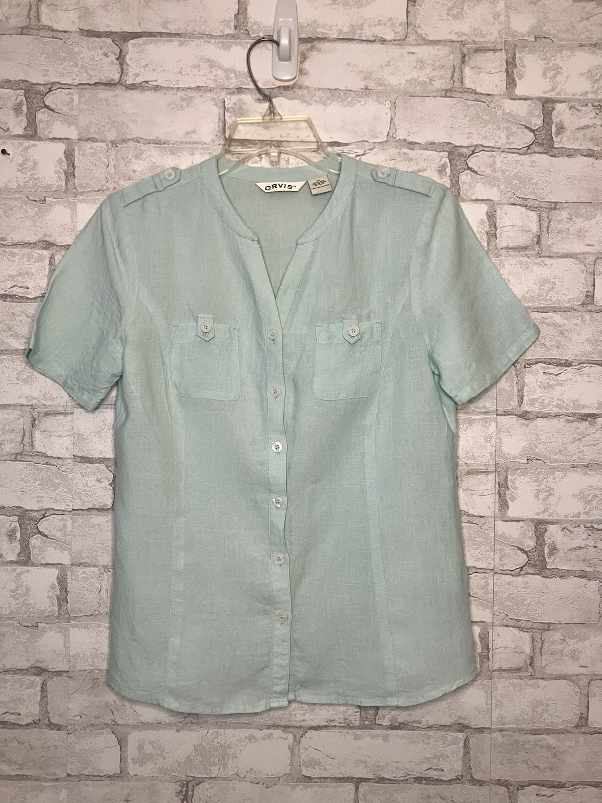 Orvis Women’s XS 100% Linen Top Safari Style Princess Seams Button Up Mint Green