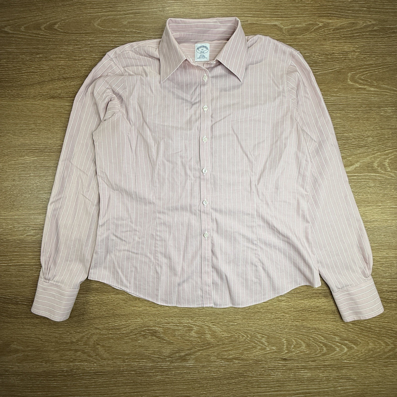 Brooks Brothers 346 Womens 12 Pink Striped Non Iron Cotton Button Shirt Preppy