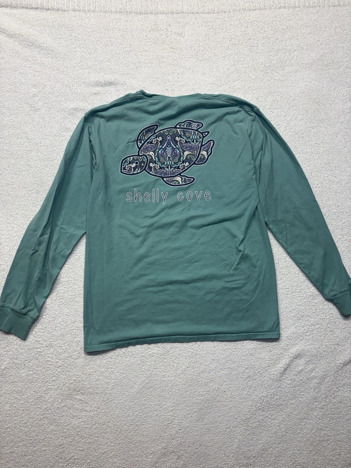 Shelly Cove T-Shirt Womens M Teal Long Sleeve Turtle Graphic Print Pocket Tee