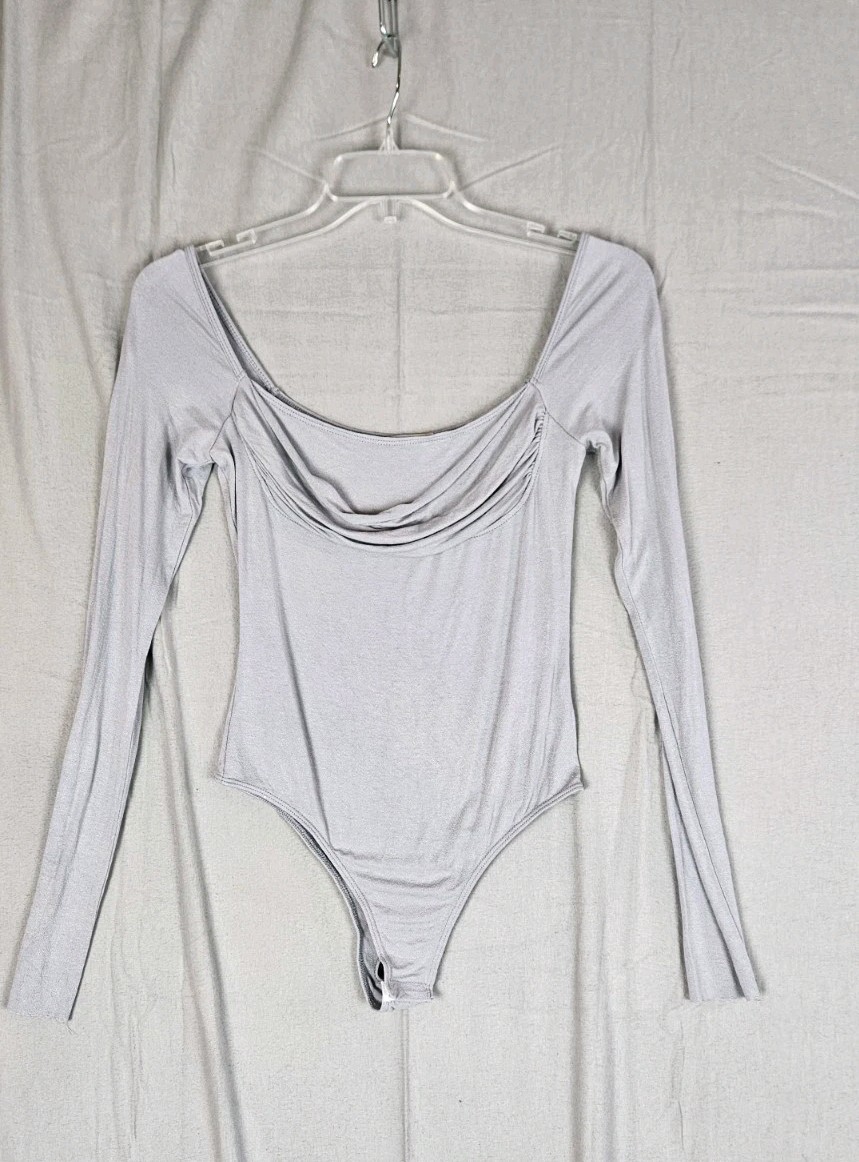 FP Movement by Free People Sz Large Soft Gray Bodysuit Ruched Neckline