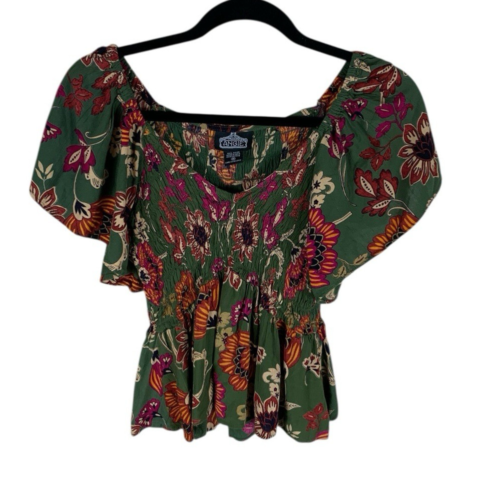 Women’s Angie Green Floral Short Flutter Sleeve V-Neck Shirred Babydoll Top M