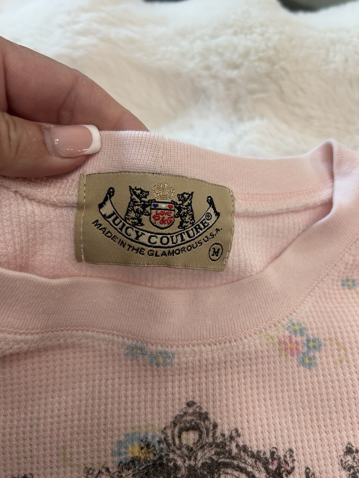 Vintage Juicy Couture Pink Floral Waffle Thermal Knit Top JUICY BUNNY SLOPE M