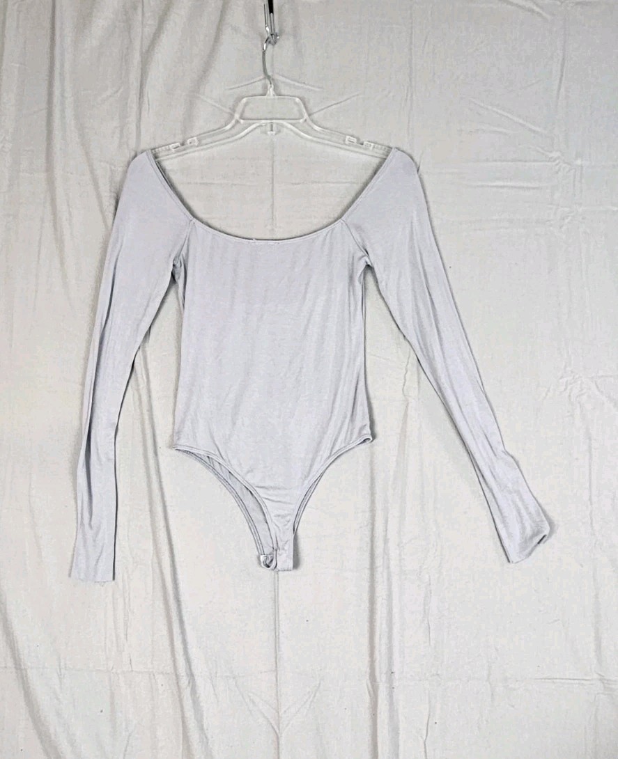 FP Movement by Free People Sz Large Soft Gray Bodysuit Ruched Neckline
