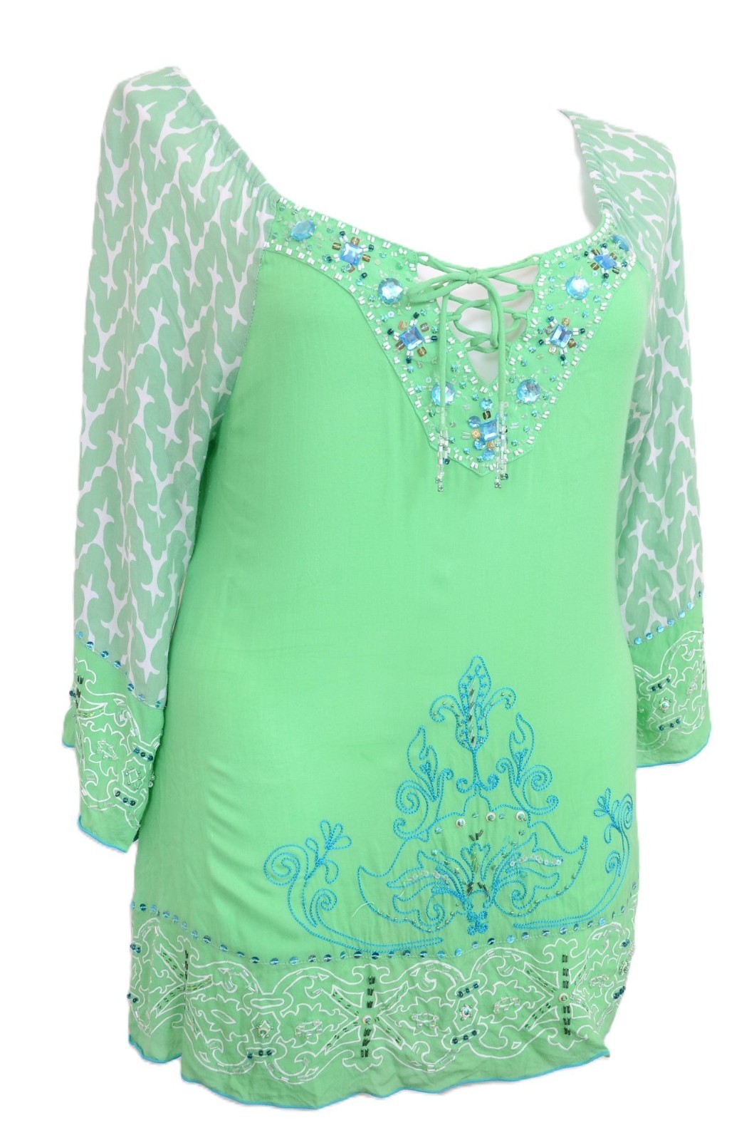 KRISTA LEE Peasant Bohemian Colorful Sequins Embroidered Tunic Blouse Size L