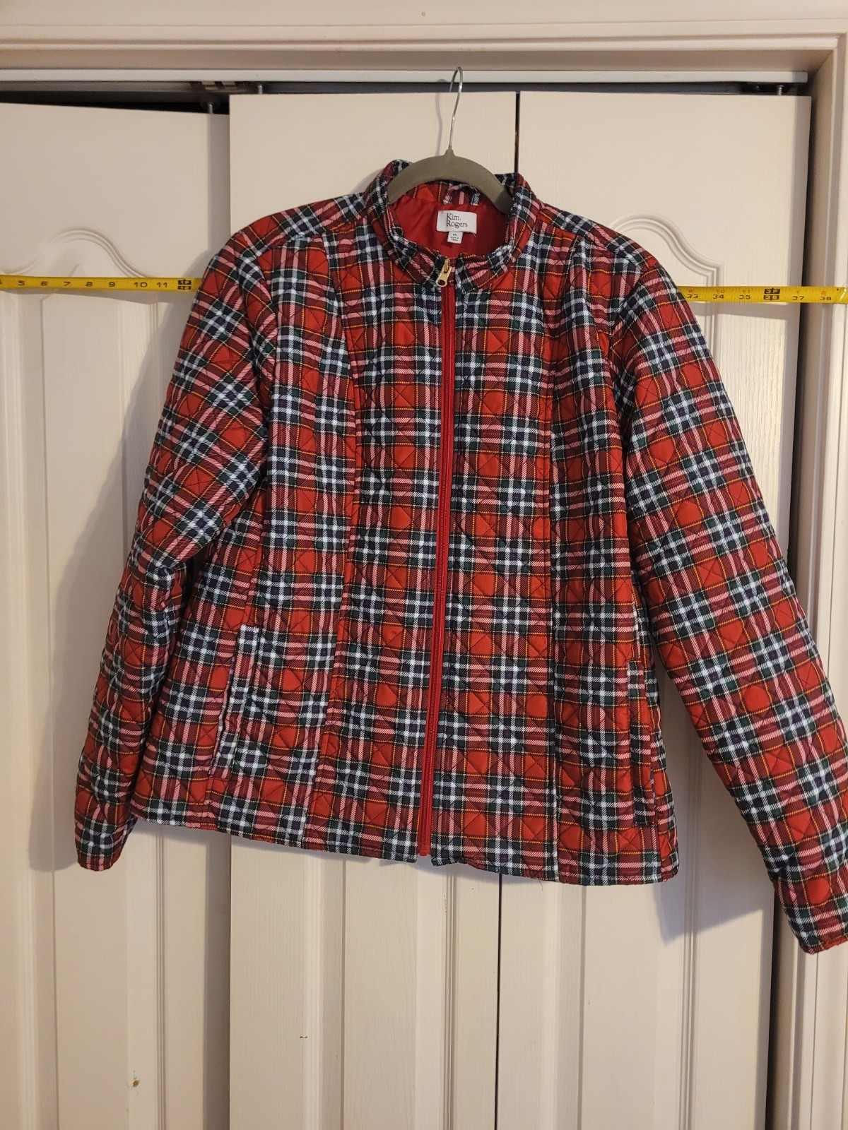 Kim Rogers Women’s XL Quilted Plaid Jacket Red Tartan Full Zip Lightweight Puffe