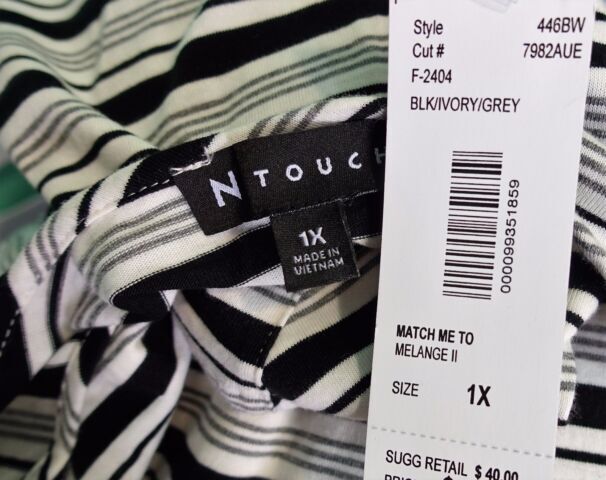 N Touch Women Plus 1x 2x 3x Black Gray Ivory Striped Sweater Top Blouse Shirt