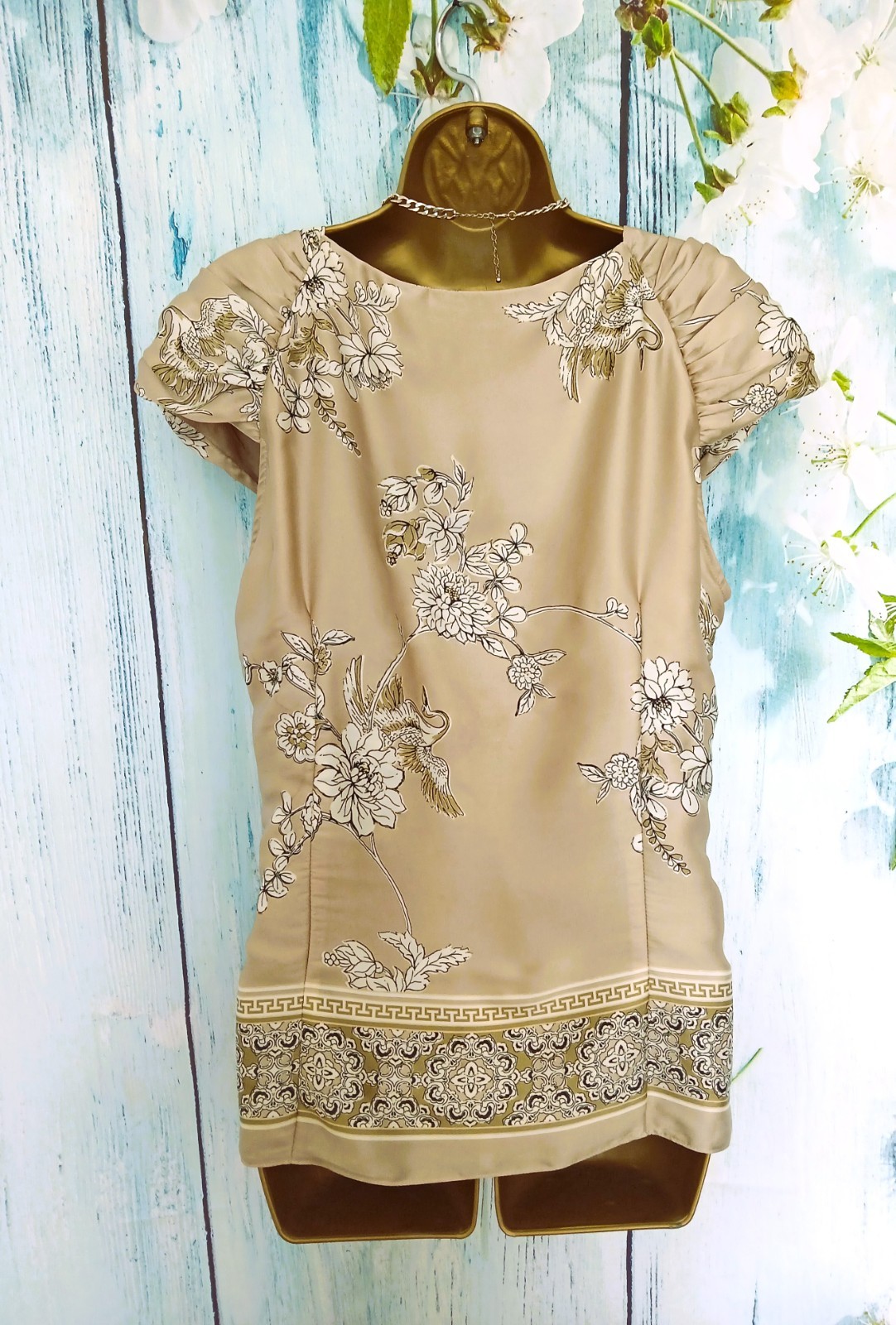 Wallis Sateen Gold Occasion Top Size L 14/16 Floral Short Sleeves Cruise Wedding