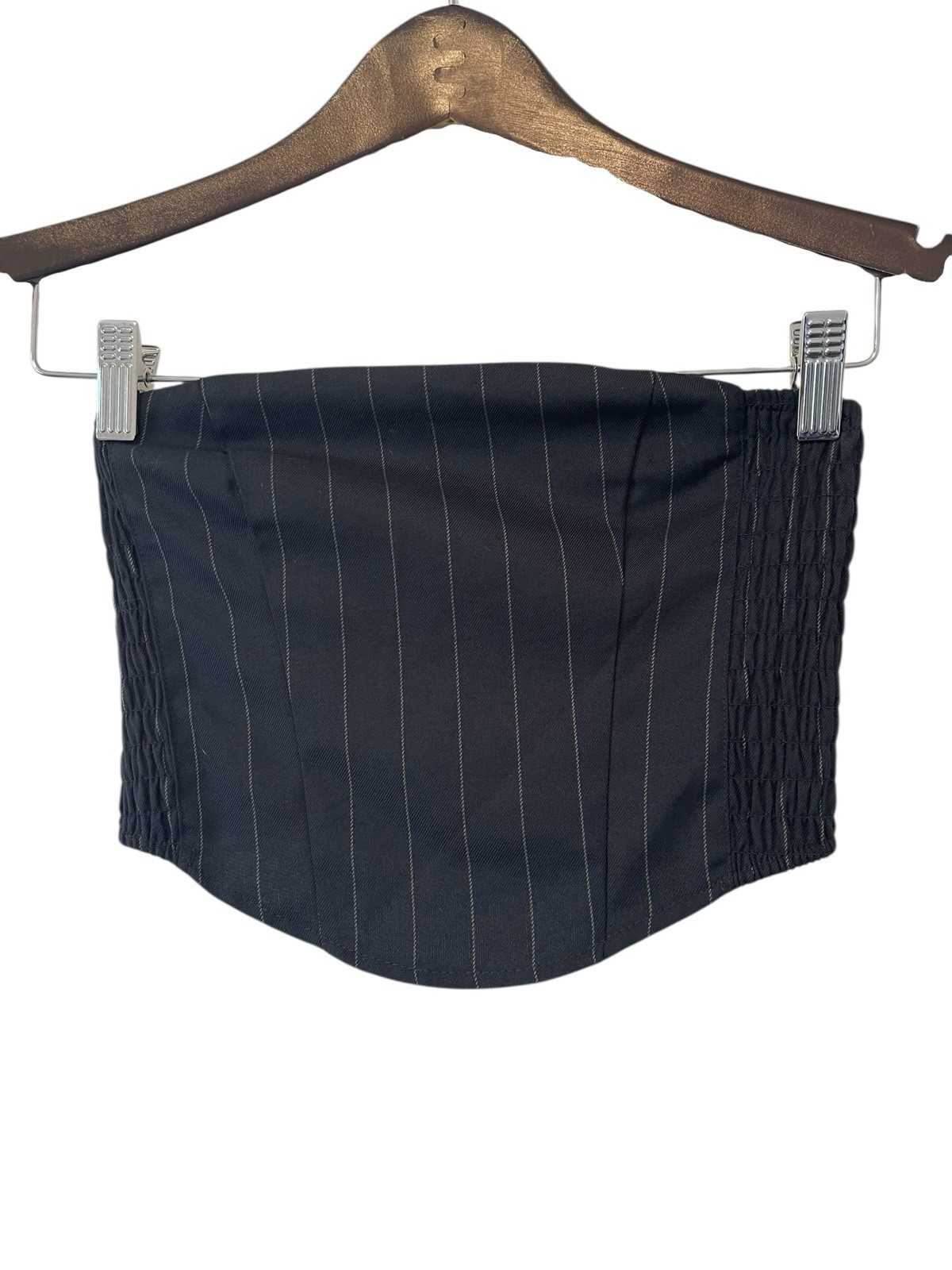 Women’s Corset top Navy Twill Bandeau Pinstriped Ladies Smocked sides Sz XS H&M