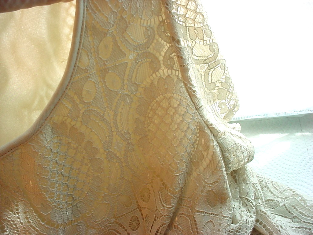 Moa Lined Lace Pullover Top Size Large Beige Ecru Stretch Short Sleeved