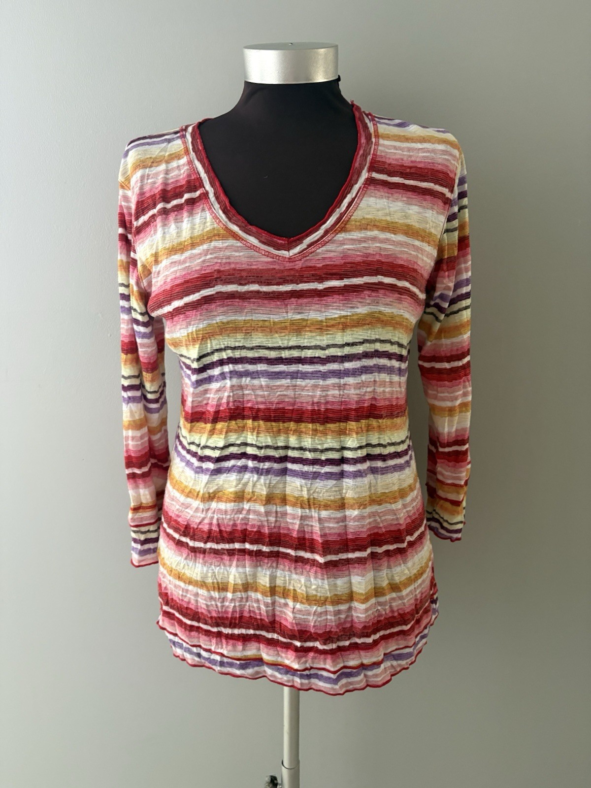 David Cline Top Womens L Pink Striped Crushed Tee Lightweight Sunset