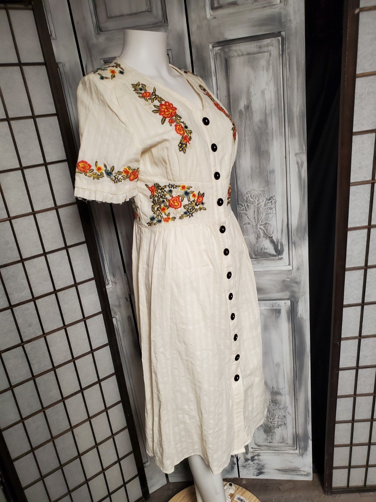 Embroidered Cotton Peasant Cottage Button Up Short Sleeve Dress XS hippie boho