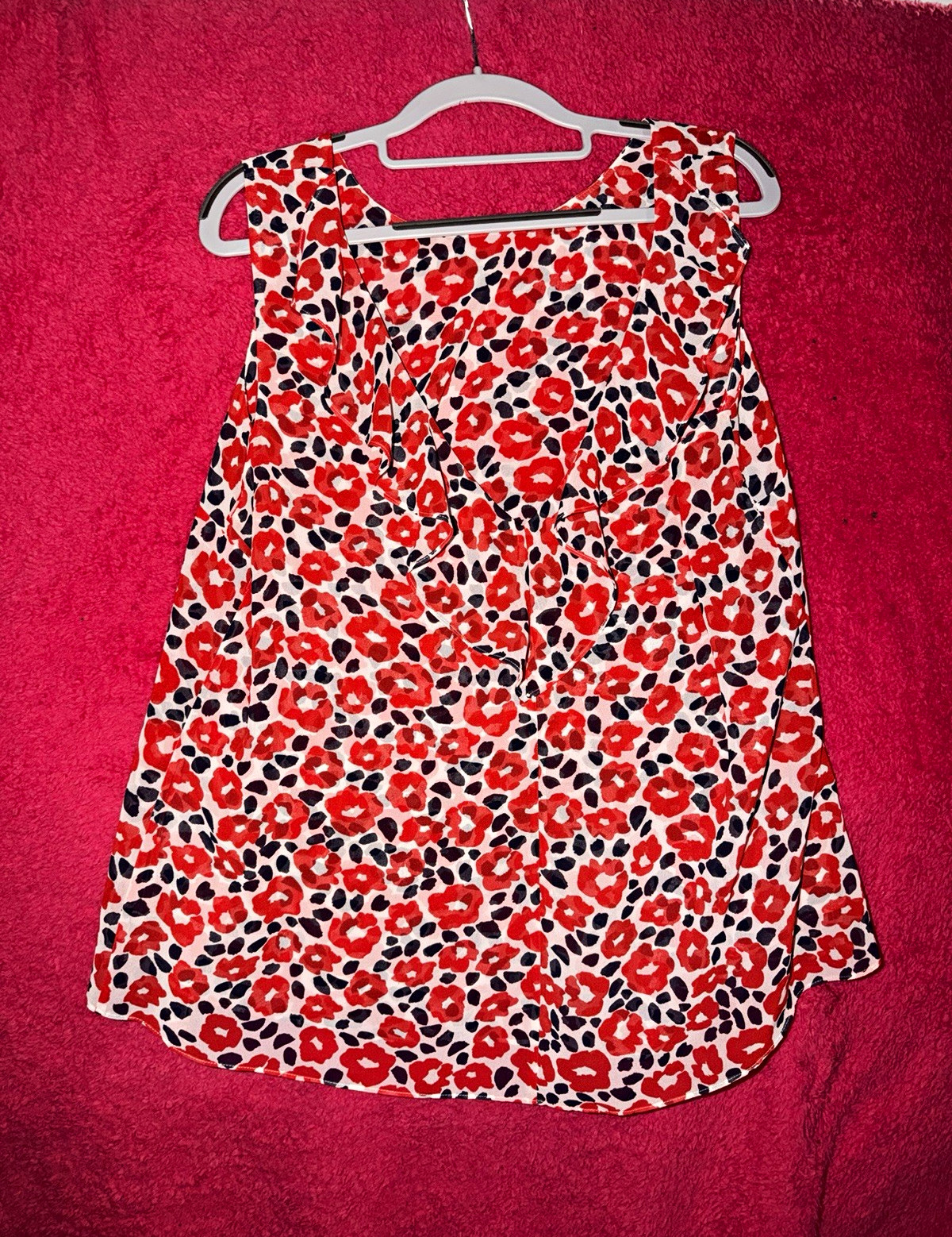 CAbi Women’s L Floral Tank Top Red White Blue Ruffle Woven Polyester 3696