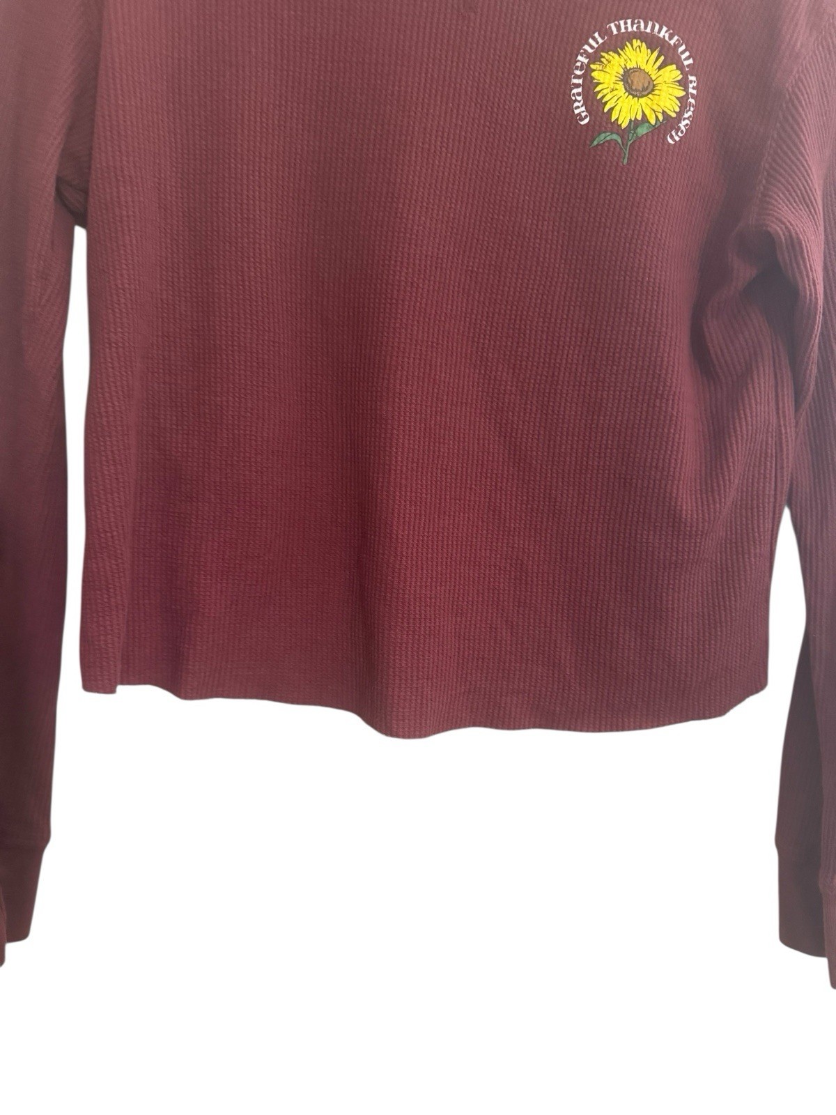 LOVE TRIBE Juniors XS Thankful Blessed Sunflower Waffle Top Burgundy #4796