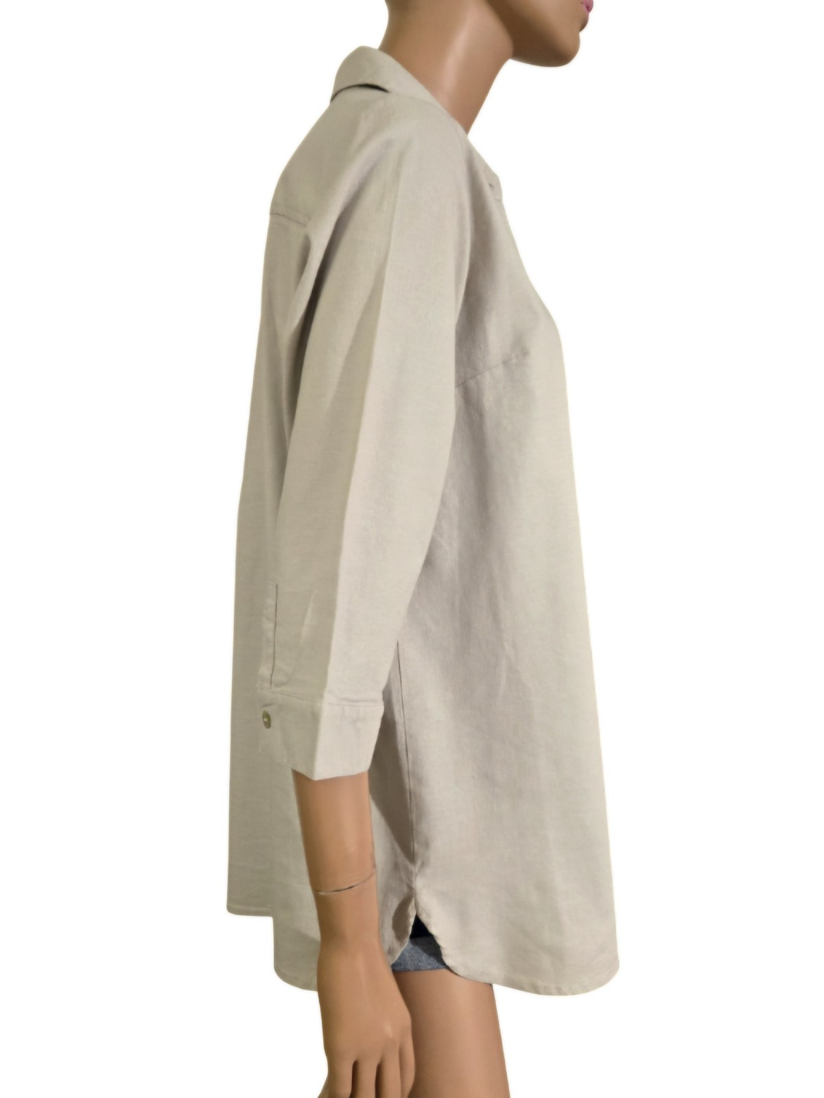 NEW – BELLE KIM GRAVEL Button-up Tunic Shirt 3/4 Sleeve Linen Rayon Oatmeal M/L