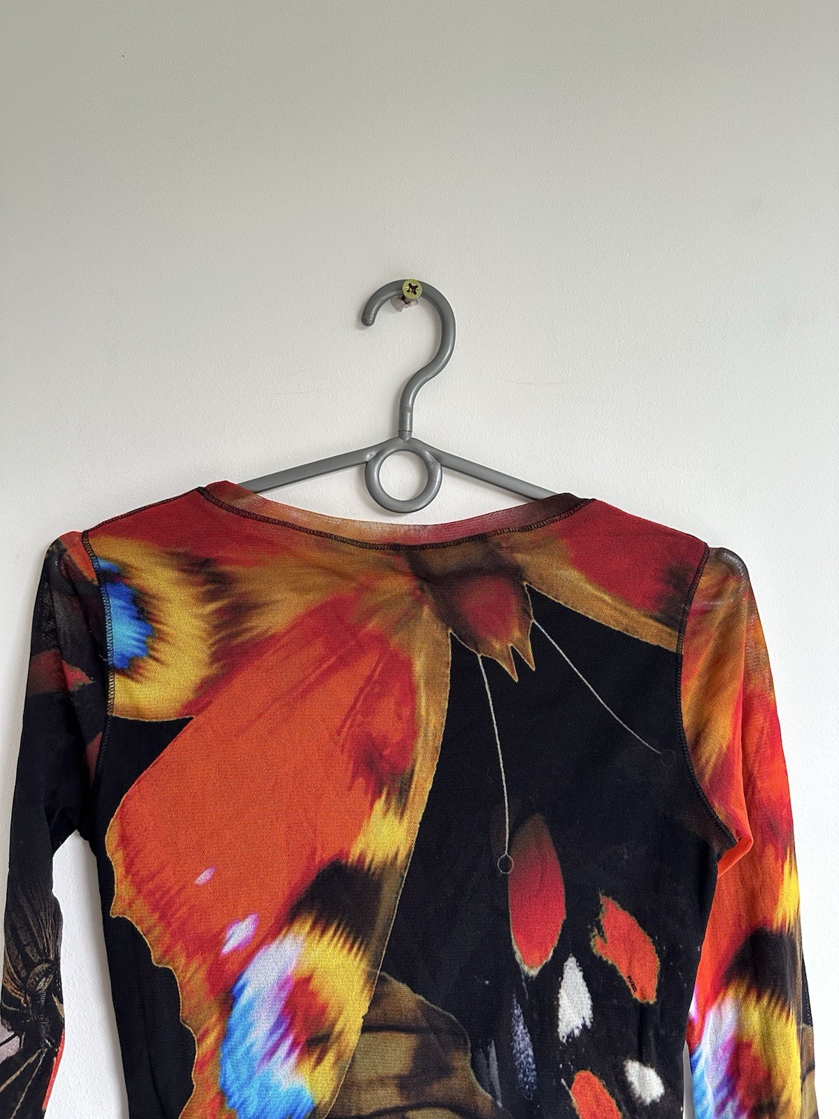 Vintage Fuzzi Jean Paul Gaultier Butterfly Print Long Sleeve Mesh Blouse Size XL
