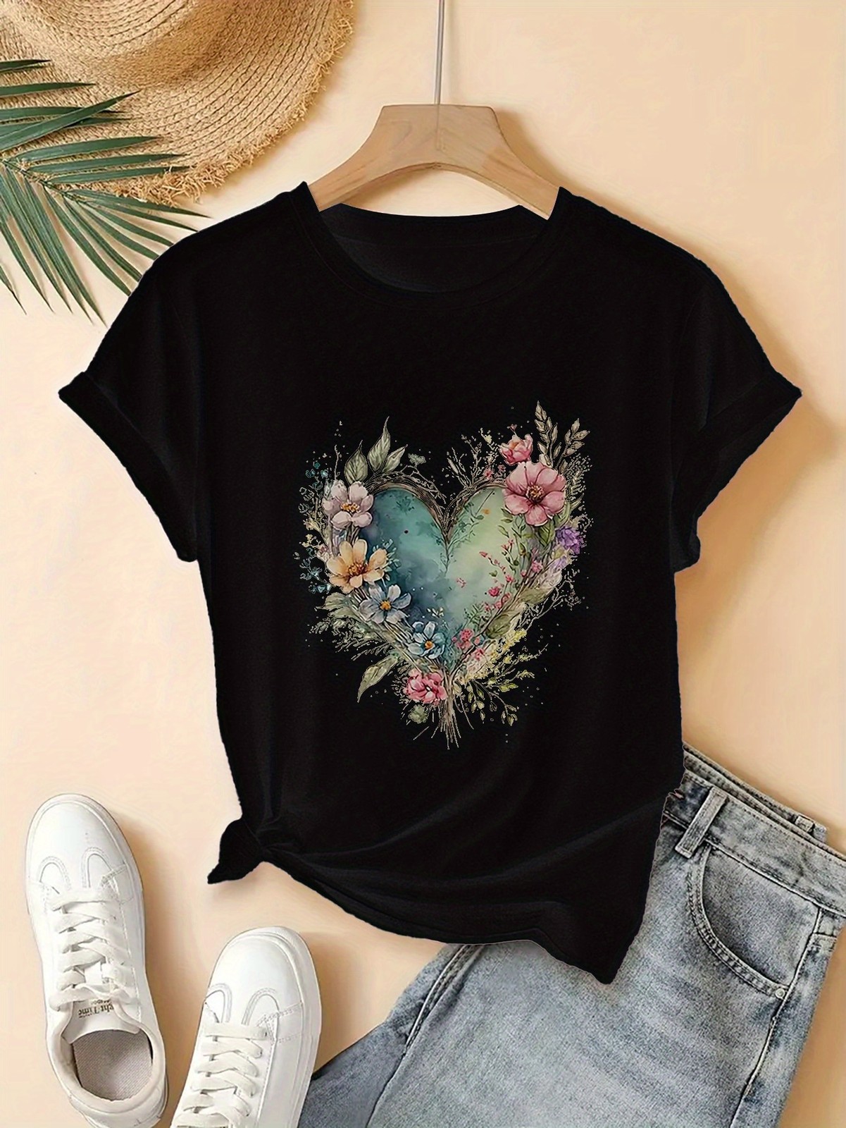Casual Women Cotton Floral T-Shirt Short Sleeve Top Summer Flower Boho Fashion♮