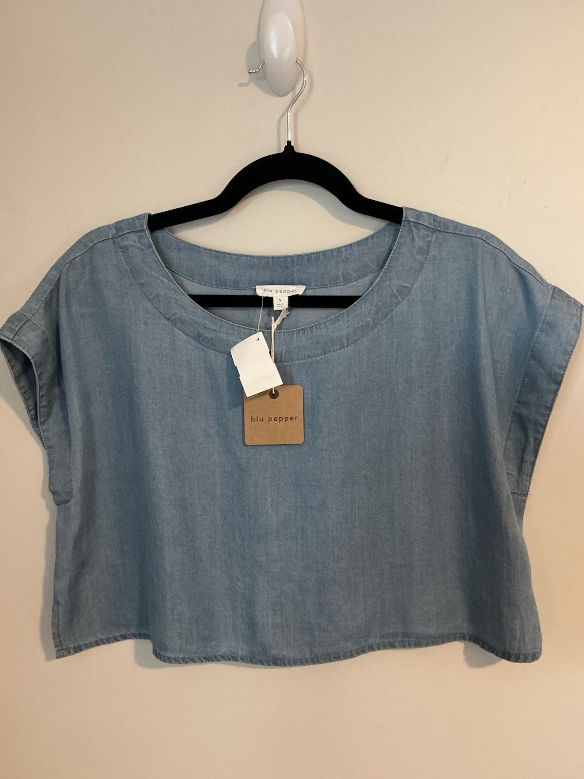 Blu Pepper Chambray Blouse Boxy Short Sleeve Blue 1 Piece Small