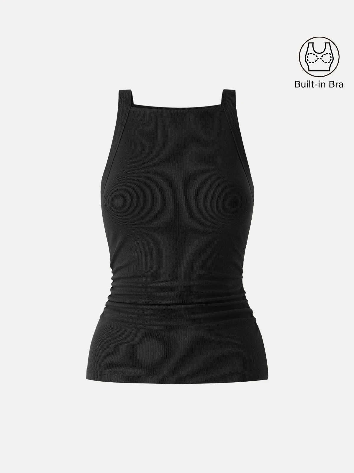 Women’s Square Neck Ruched Rib Bra Tank Top Removable Pads, Black