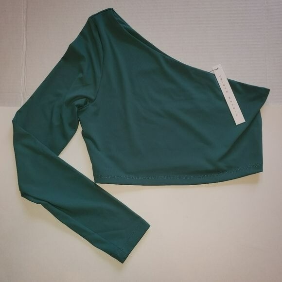 Susana Monaco “Blue Spruce” Teal One Shoulder Long Sleeve Crop Top Large NWT