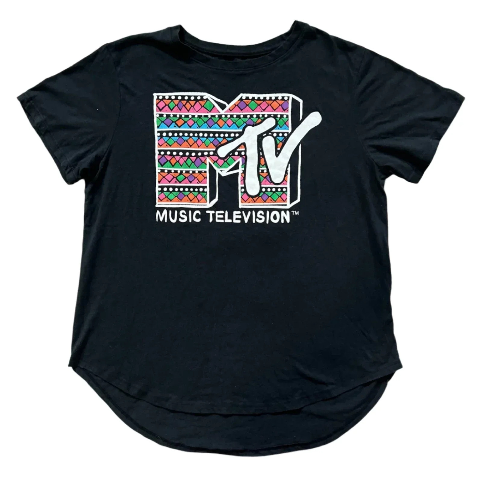 Women Junior’s Black MTV Geometric Graphic Logo T-Shirt