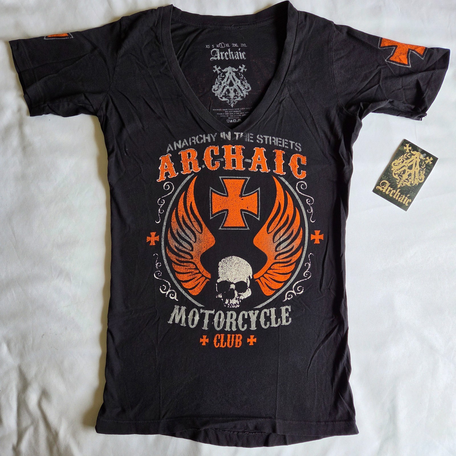 Archaic By Affliction Y2K Grunge Biker Black Orange L V-Neck Graphic T-Shirt NWT