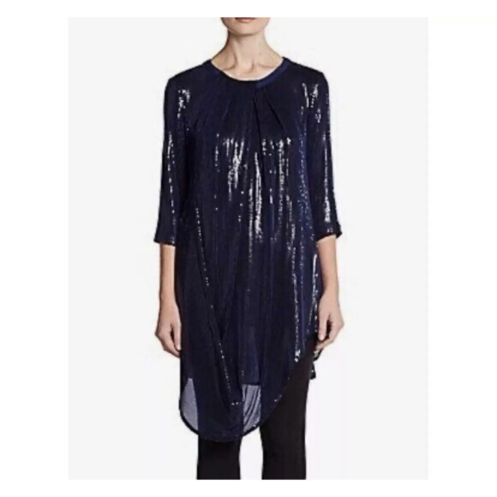 Lafayette 148 New York Navy Asymmetric Sequin Silk Pleated Draped Tunic Size 14