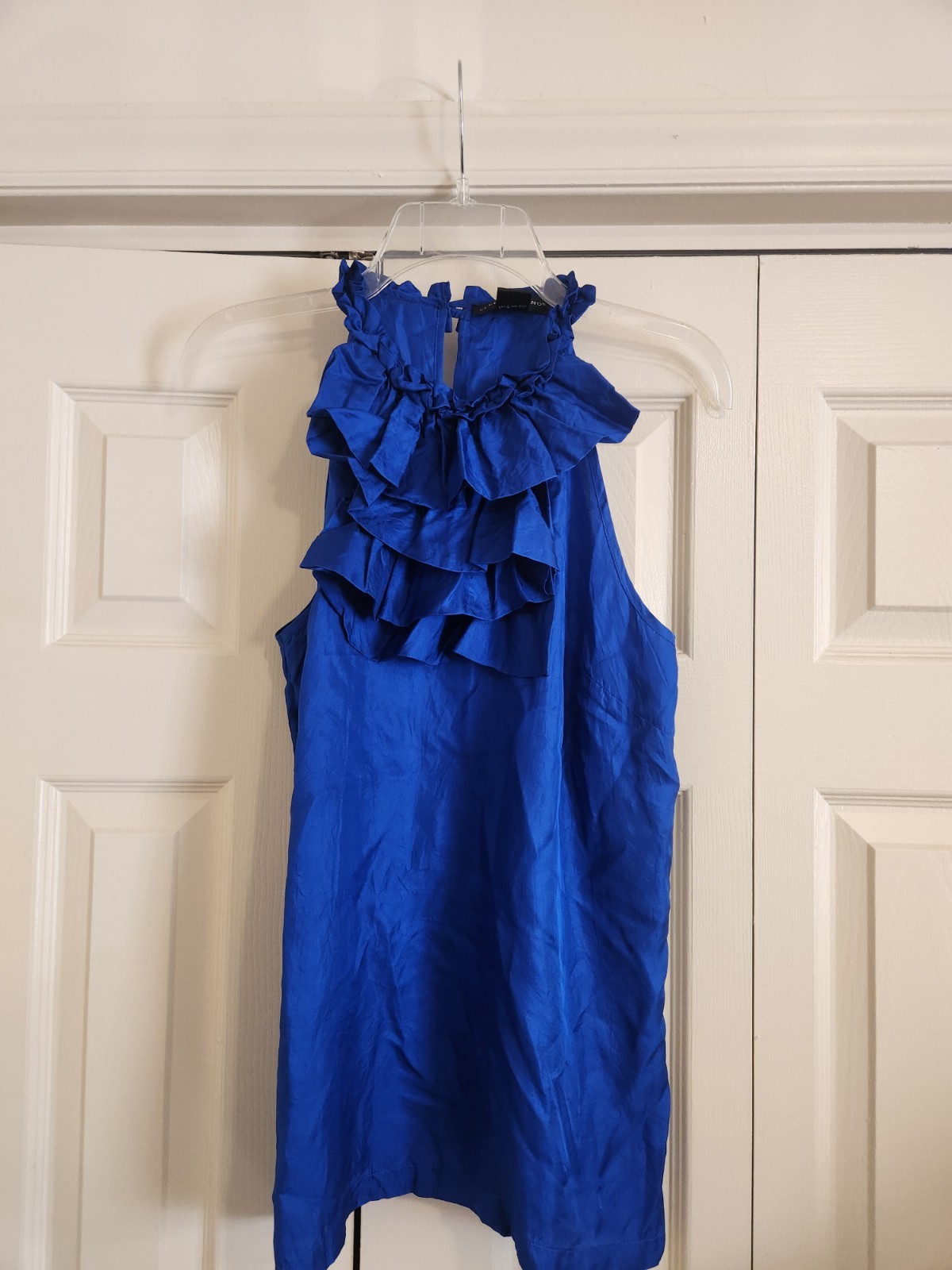 Elena Solano Womens Blue 100% Silk Pleated Ruffle Neck Blouse Size M