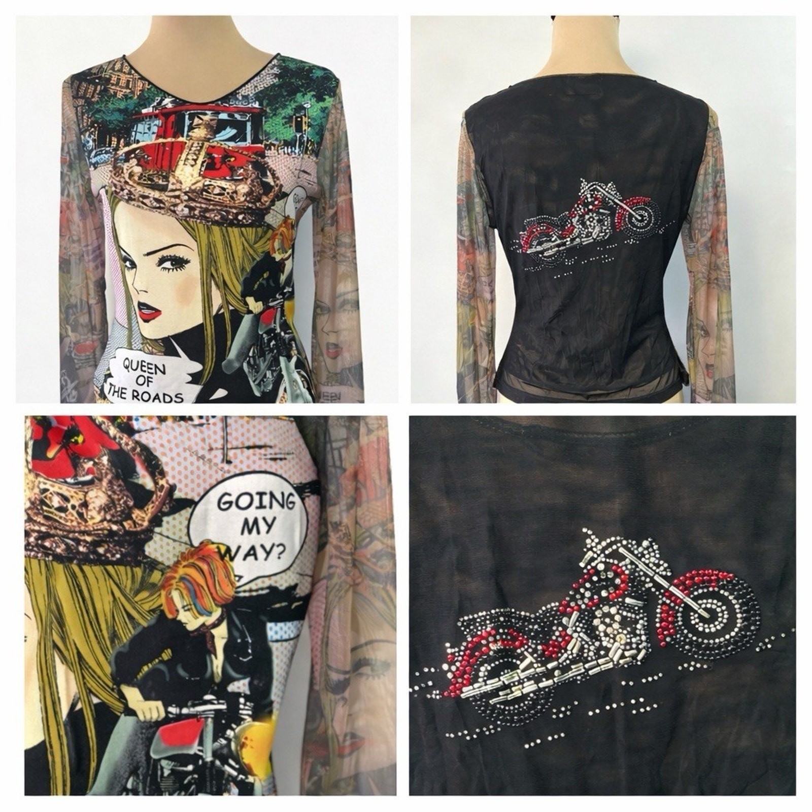 Authentic 90s Y2K Women Mesh Pop Art Biker Tattoo Sleeve Shirt USA S / M Bling