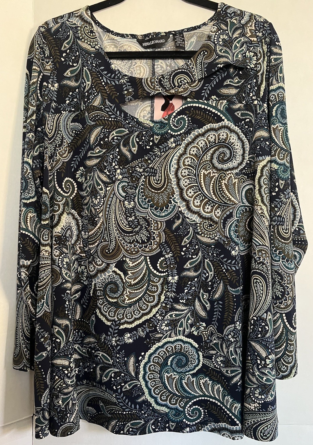 NWT NINA LEONARD 2X Blue Paisley Stretch Knit Jersey Top Blouse Keyhole Neck