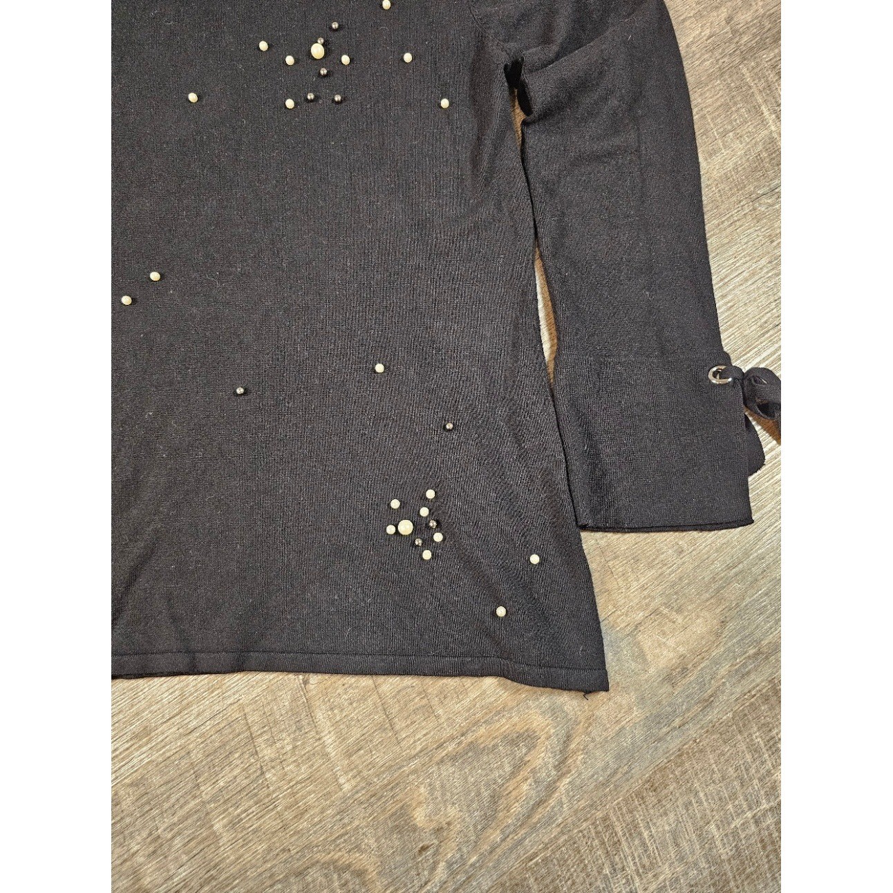 Marie Claire Boutiques Black Pearl Embellished Knit Top Tie Cuff Long Sleeve