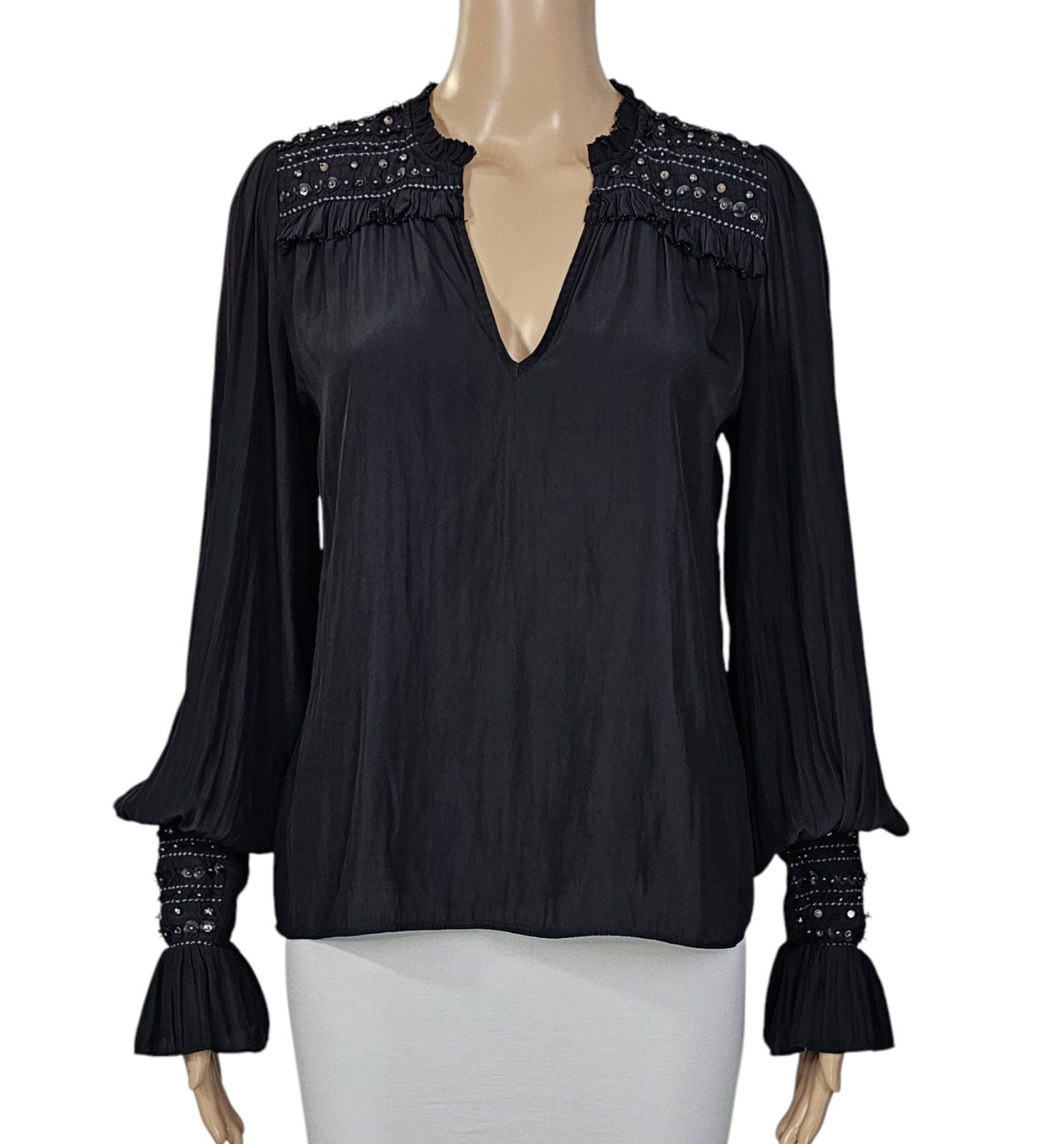 RAMY BROOK Embellished Cooper V Neck Ruffle Blouse In Black XXS $345