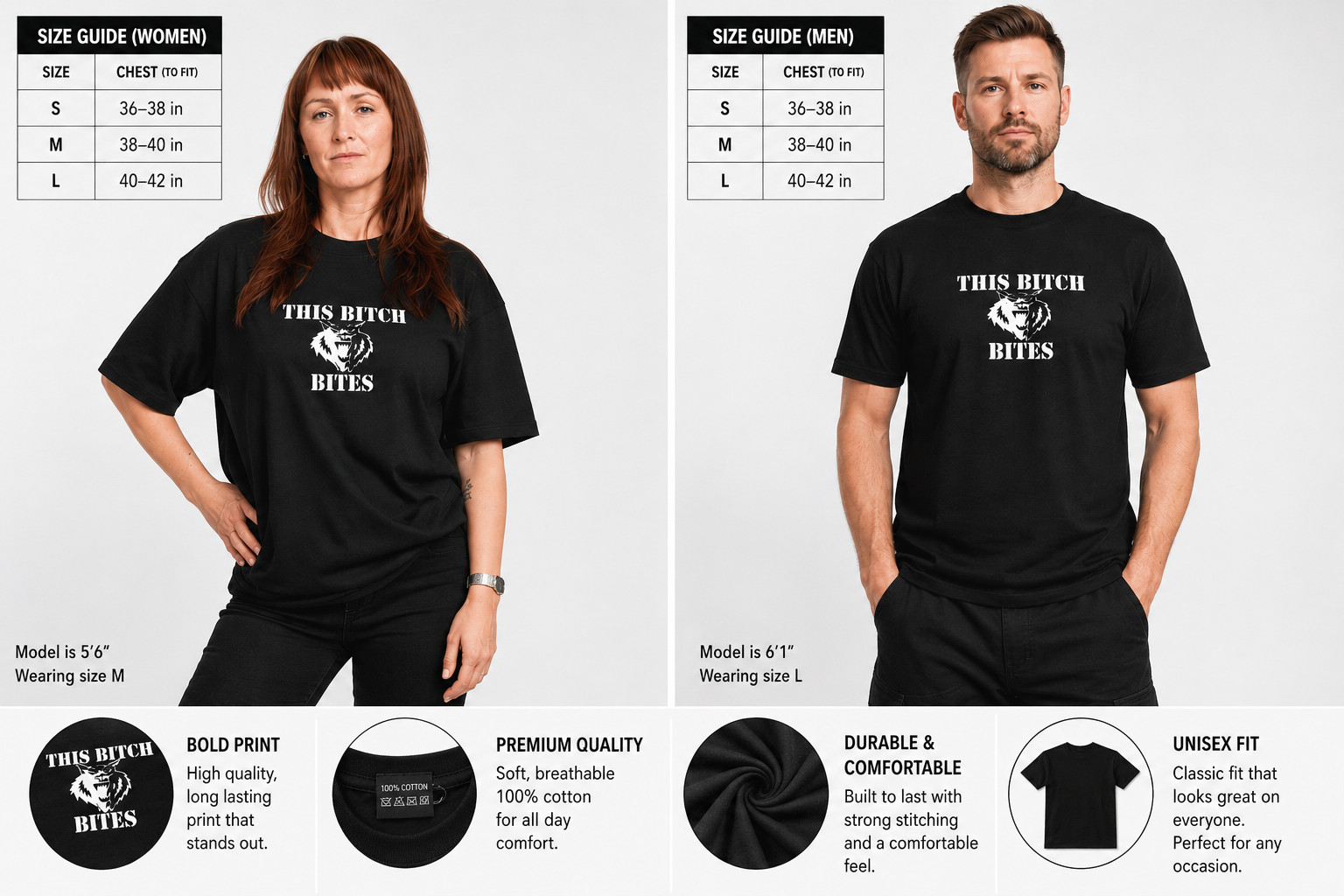 Unisex black cotton t-shirt Wulfsport “This Bitch Bites” Funny Wulf Graphic Tee