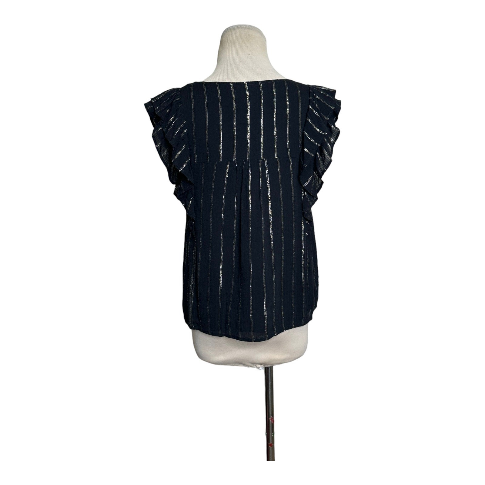 BB Dakota black silver stripes ruffled short sleeves blouse size Small