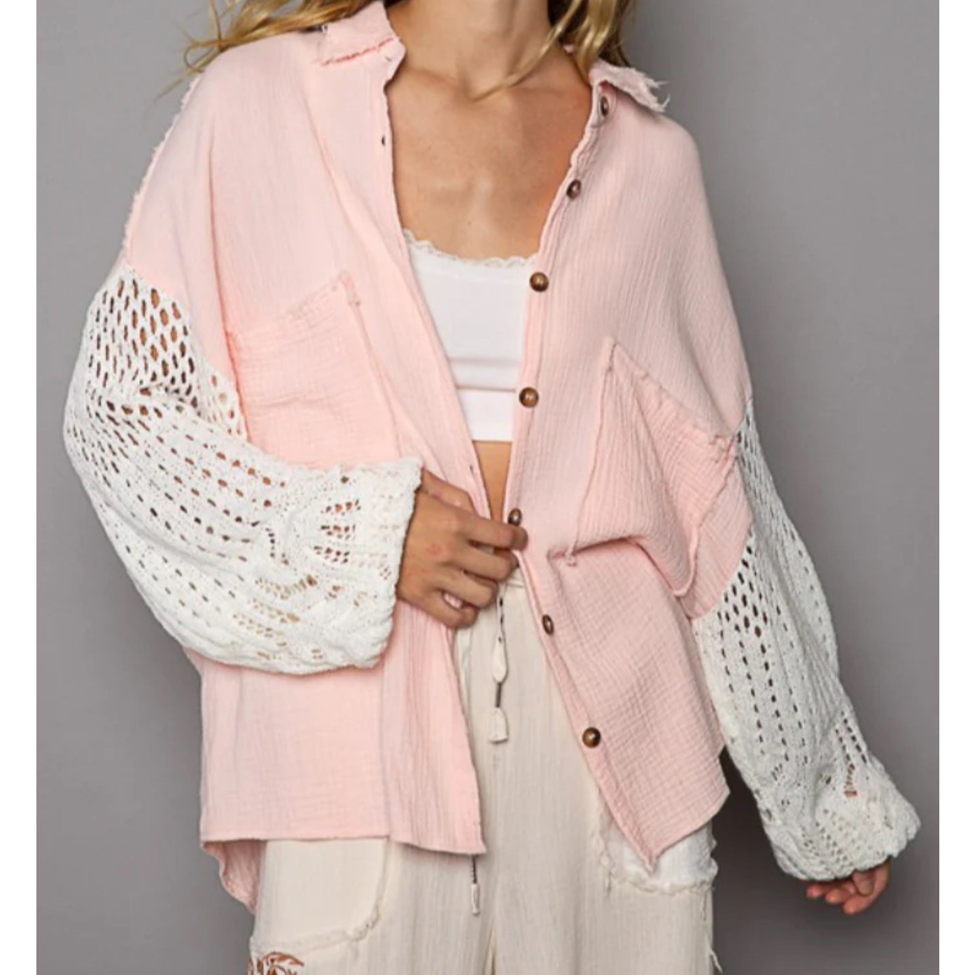 POL Lightweight Light Pink Crochet Sleeve Oversized Bobo Shacket Size Large