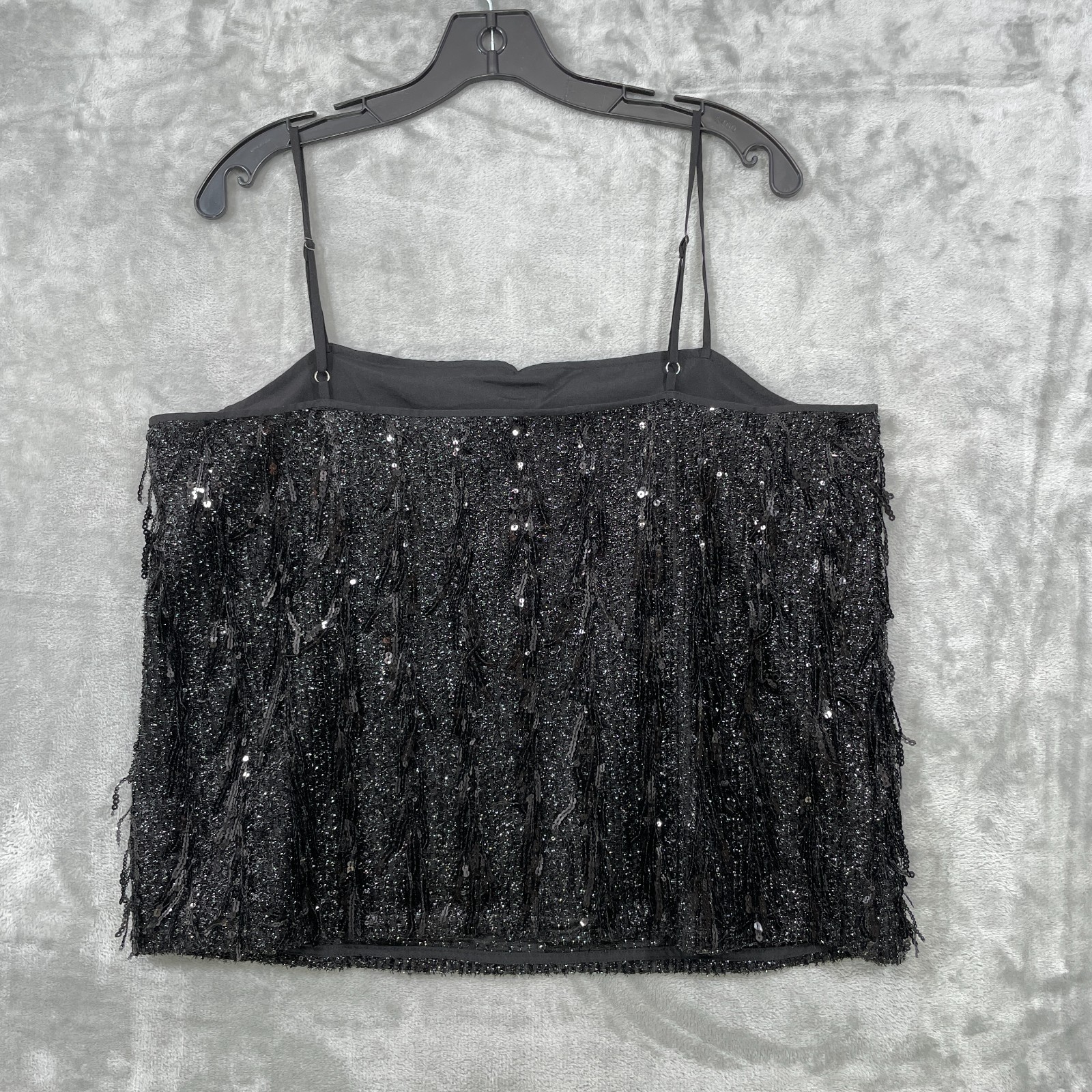 NWT LOFT Sequin Fringe Square Neck Cami Tank Top Black Size Large Party NEW