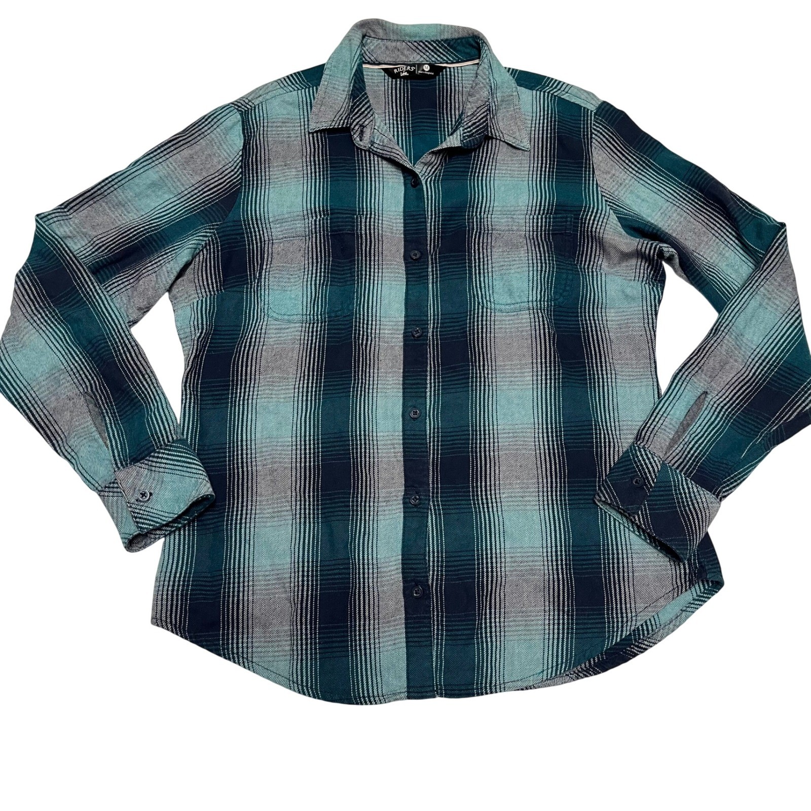 Riders by Lee Womens Teal Blue Plaid Flannel Button Down Shirt Size M Medium