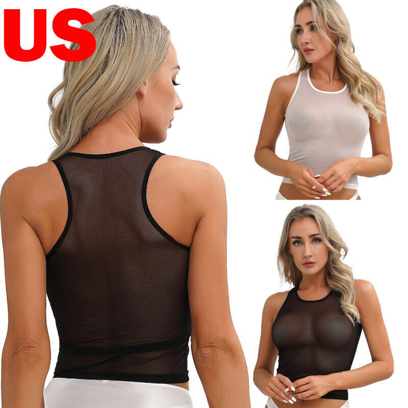 US Womens Sleeveless Sheer Mesh Tops Sexy See Through T-shirt Vest Tops Clubwear
