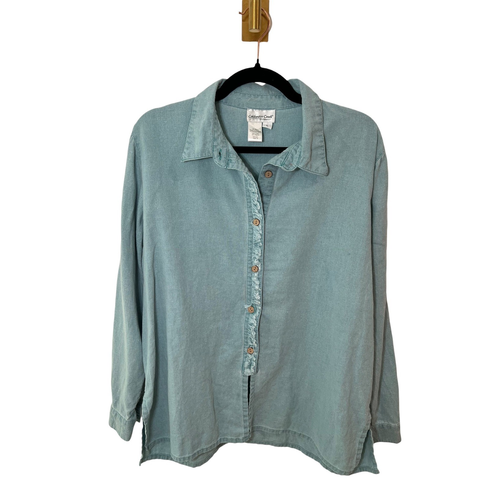 Coldwater Creek Linen Blend Coastal Blue Green Fringed Button Down Top Large