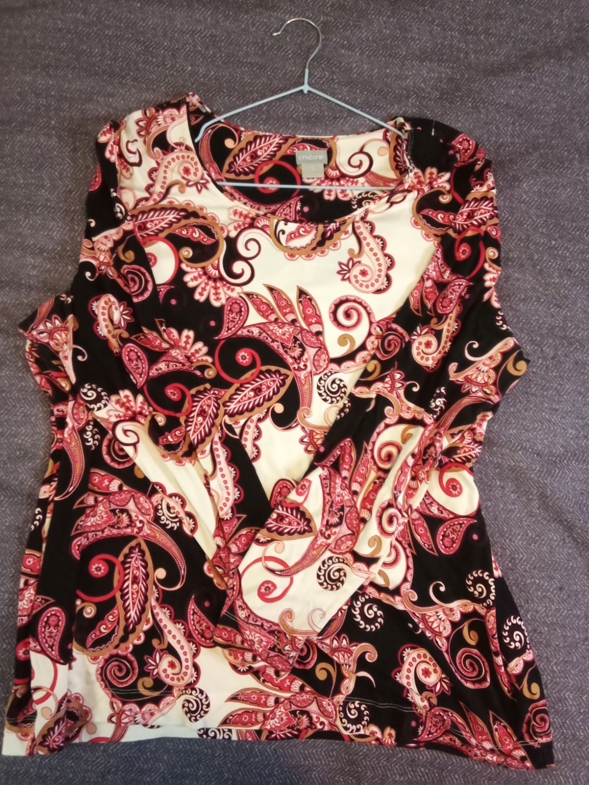 Chico’s Women’s Size 3 Paisley Knit Top Ruffle Scoop Neck Pullover Stretch