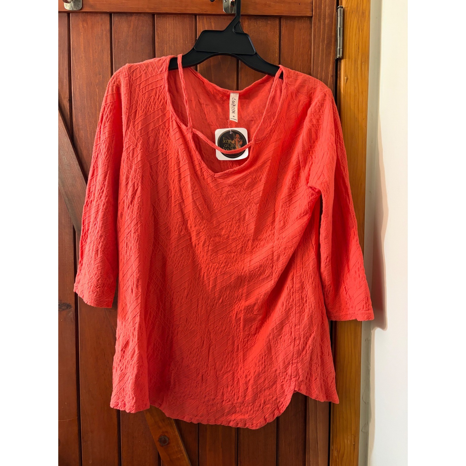Cubism Los Angeles Coral Orange Textured Knit 3/4 Sleeve Cutout Neck Top Medium