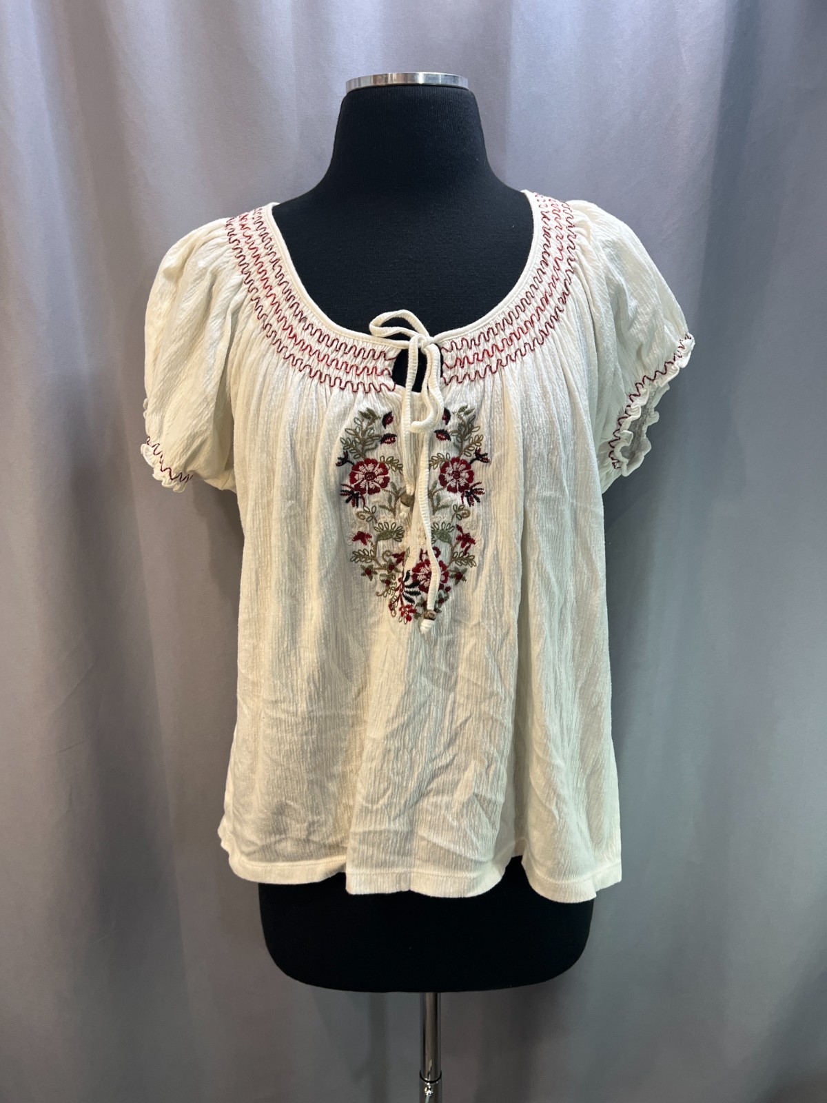 Laura Scott Tie Front Blouse Top Women XL Petite Beige Cotton Floral Embroidered