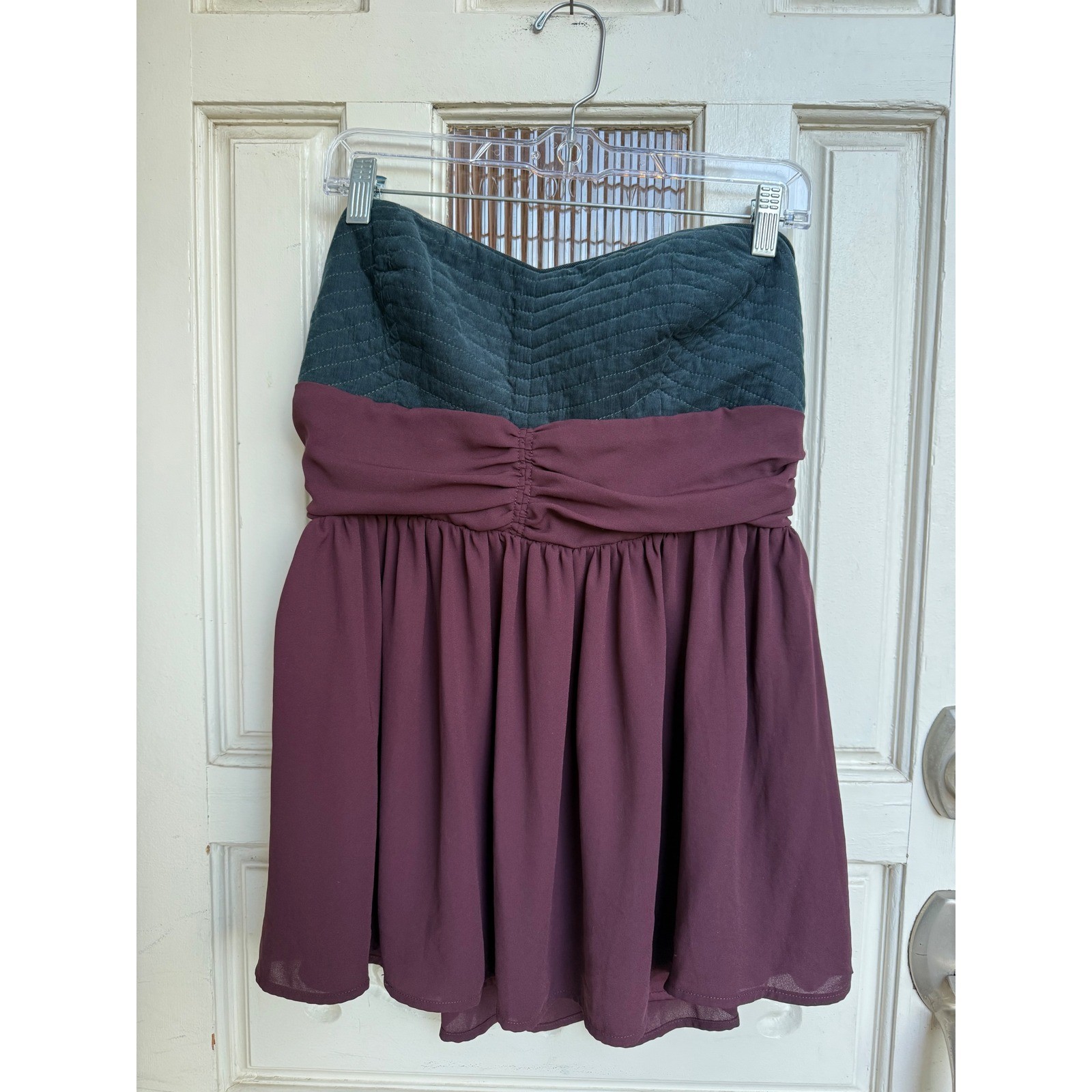 Maeve Anthropologie Strapless Top Navy Blue Burgundy Corduroy Chiffon Size 14
