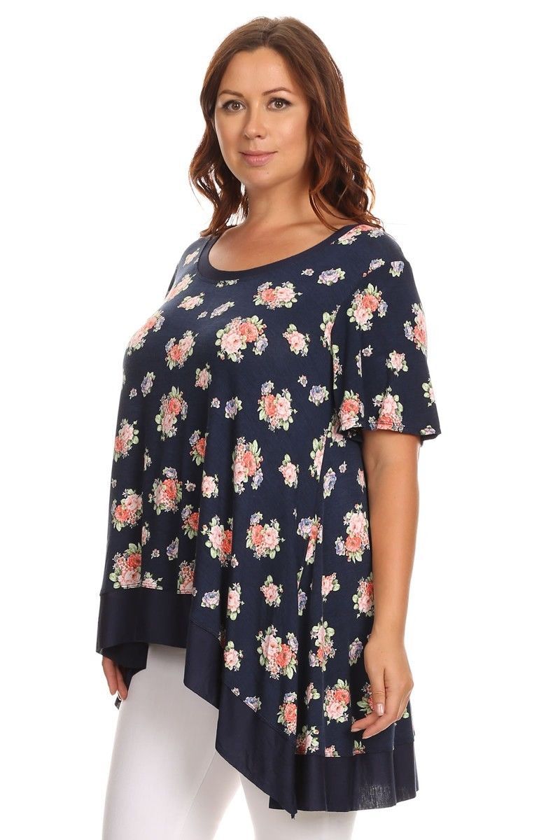 New Women’s Plus Size Navy Floral High Low Short Sleeve Top (Tunic) Size 2X