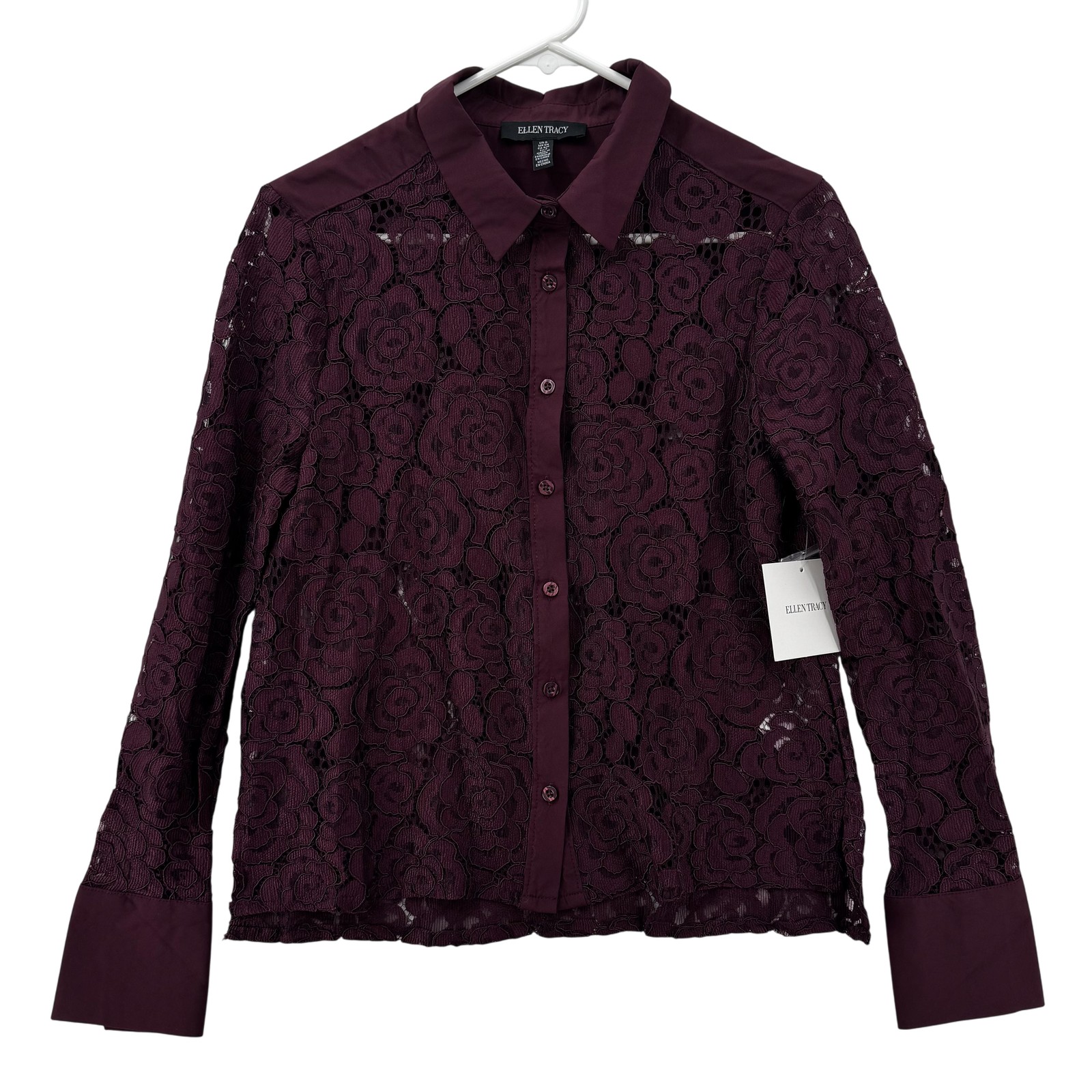Ellen Tracy Shirt Womens Small Burgundy Wine Tasting Lace Sheer Button Up Dressy