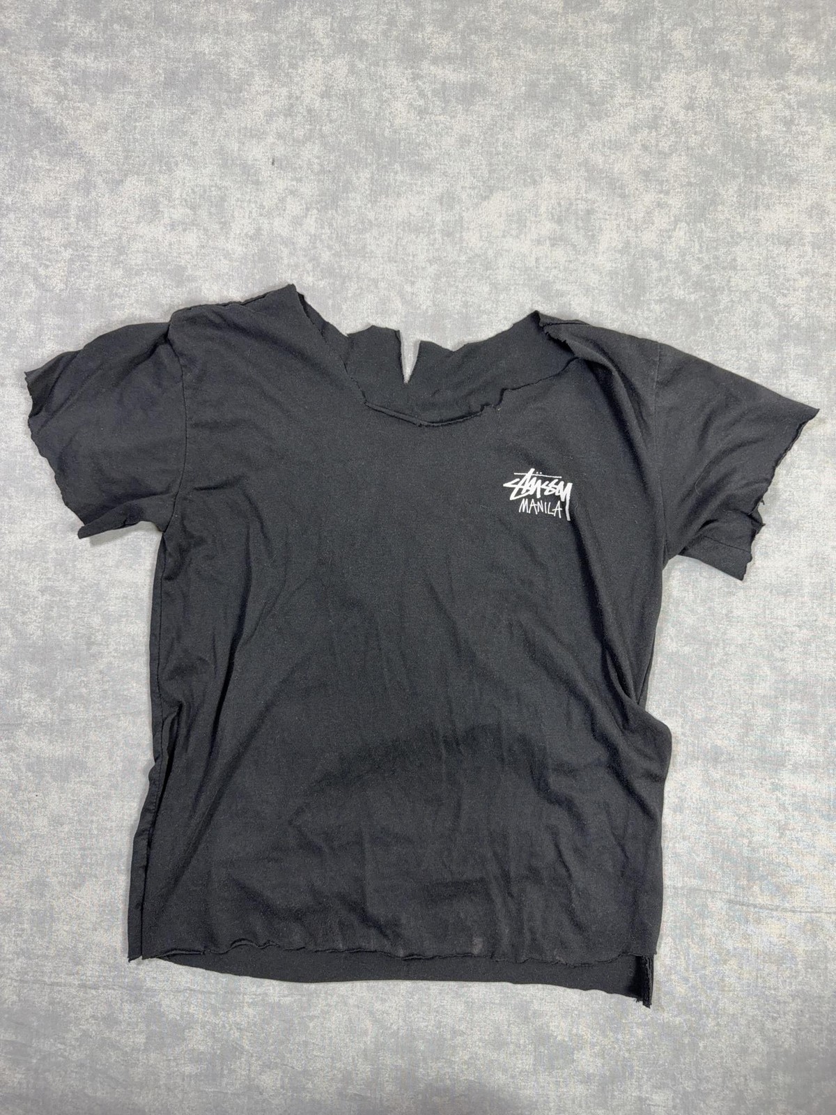 Stussy Manila Shirt Womens Medium Black Logo Graphic Slashed Back Distressed Tee
