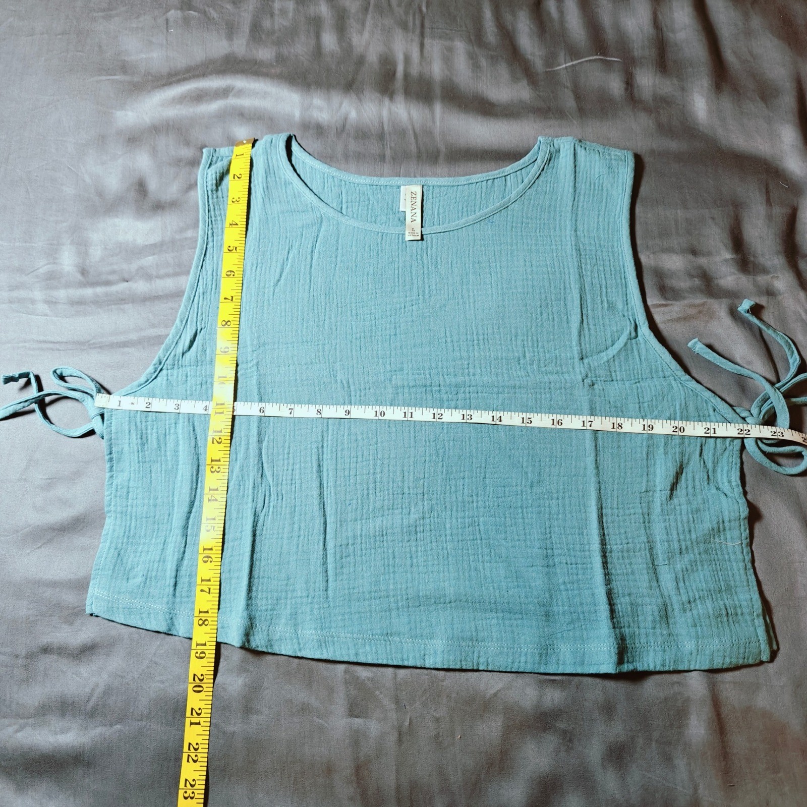 Zenana Double Gauze Side Tie Sleeveless Top Dusty Teal Boxy Cropped Tank Large