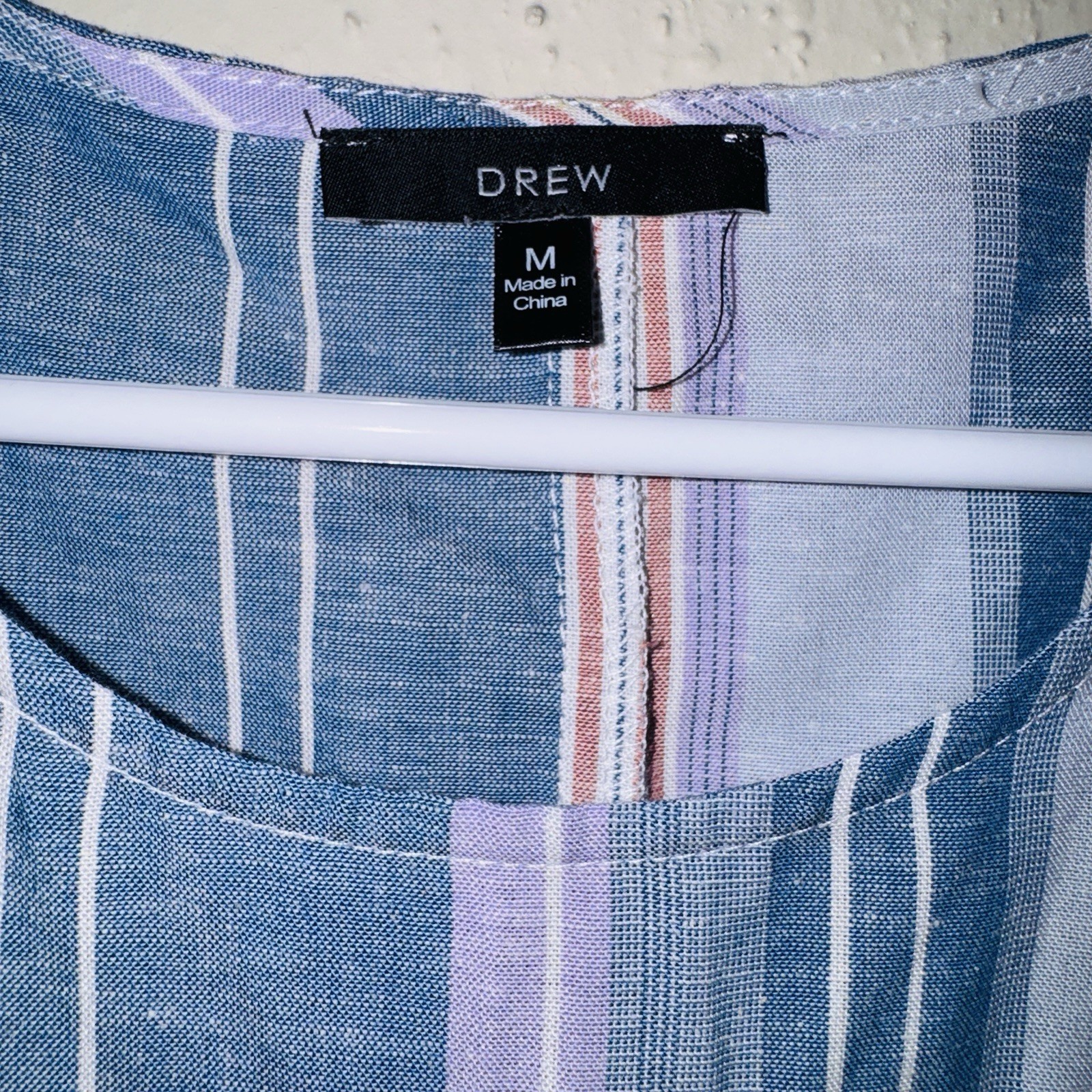 Drew Blue/Pink Striped Scoop Neck Frayed Hem Linen Blend Tank Top Womens M